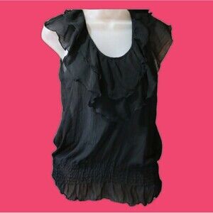 Miley Cyrus Max Azria Black Sheer Ruffle Top Fluttery Romantic Y2K Goth LG